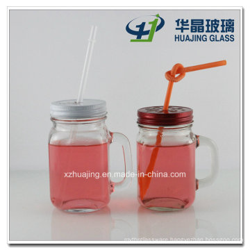 350ml 12oz Square Drinking Glass Mason Jar with Handle Straw